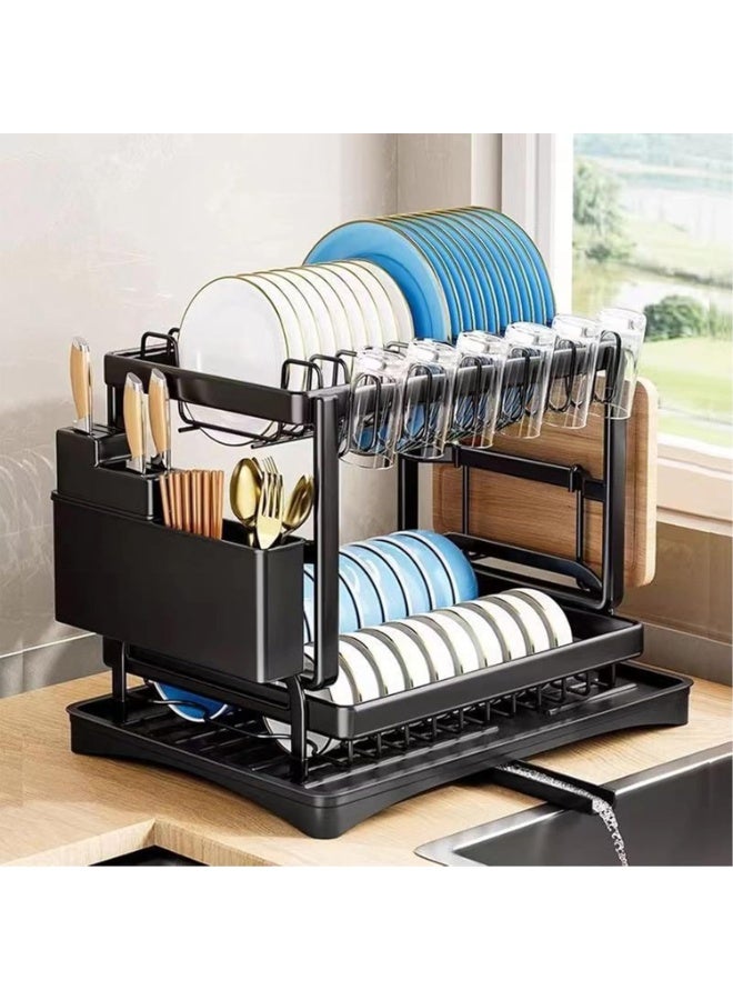 LODROC 2-Tier Dish Drying Rack with Knife Slots, Dish Racks for Kitchen Counter, Space-Saving Kitchen Organizer, Detachable Capacity Dish Drainer Organizer with Cutlery & Cup Holder (Black) - Image 1